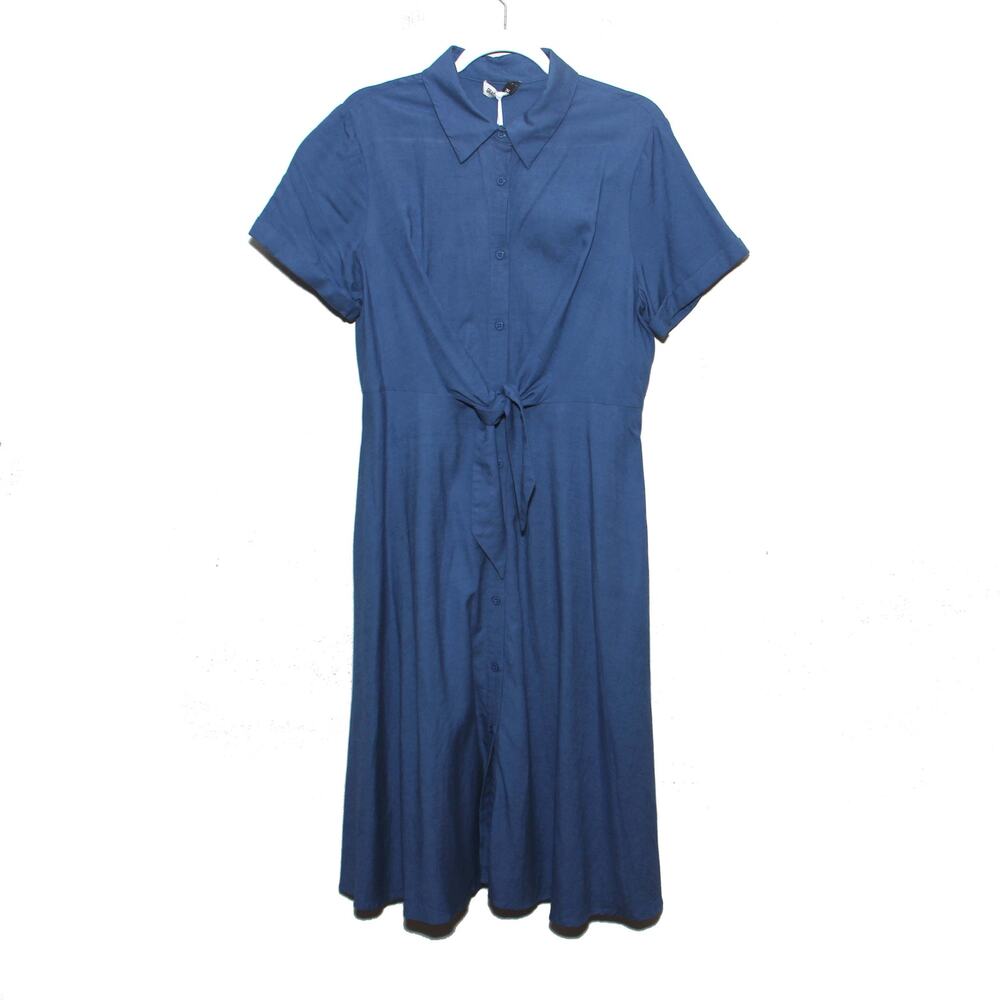 NEW Grace Karin Blue Linen Blend Tie Front Shirt Dress Size Large